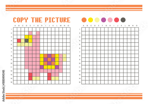 Copy the picture grid drawing worksheet for kids. Pixel art llama