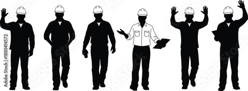 Collection, of, black, construction, worker, silhouettes, featuring, engineers, in, hard, hats, with, safety, vests, walking, gesturing, and, professional, industrial, poses.