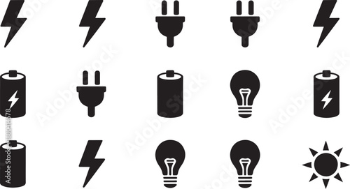 Black and white energy and power on white background lightning battery plug light bulb