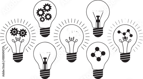 Black and white light bulb with gears and symbols inside creative ideas desi