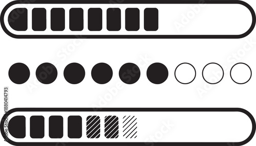 Black and white progress bar with different fill styles loading bar user interface progress