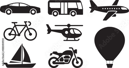 Black and white transportation on white background airplane bicycle helicopter desi