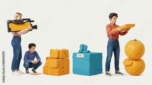 Two people filming and assembling objects