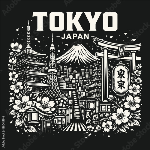 Tokyo Japan cityscape with traditional landmarks and Mount Fuji, bold hand drawn vintage poster style vector illustration