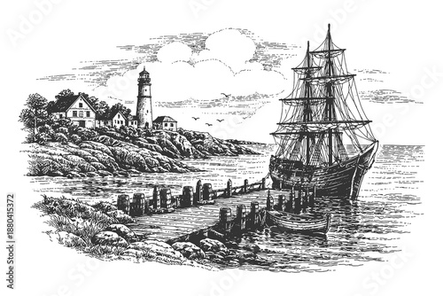 Historic coastal village with tall sailing ship by the shore, detailed hand drawn vintage maritime landscape vector illustration
