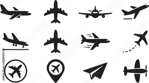 Collection of various airplane icons representing different types of aircraft and aviation concepts