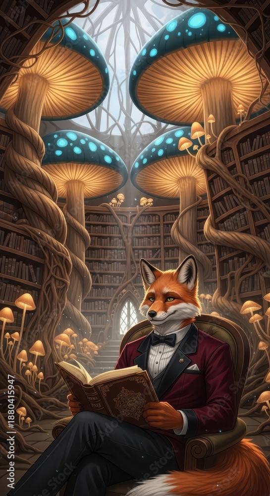 Fototapeta premium Anthropomorphic fox gentleman enjoys reading a book within a fantastical library adorned with luminous fungi