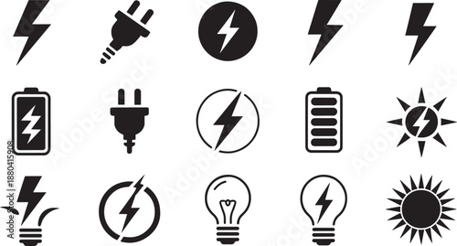 Black of electricity symbols and plugs on white background lightning battery lightbulb