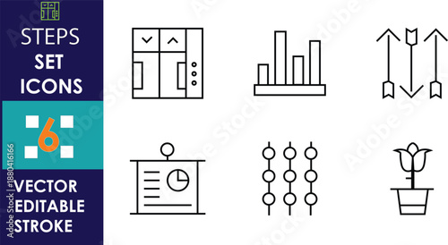 Business steps set icons featuring charts, arrows, profile card, sliders, growth plant, analytics symbols, minimalist outline style, editable stroke vector design for process presentation