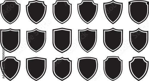Black shield with white outline on white background protection security symbols