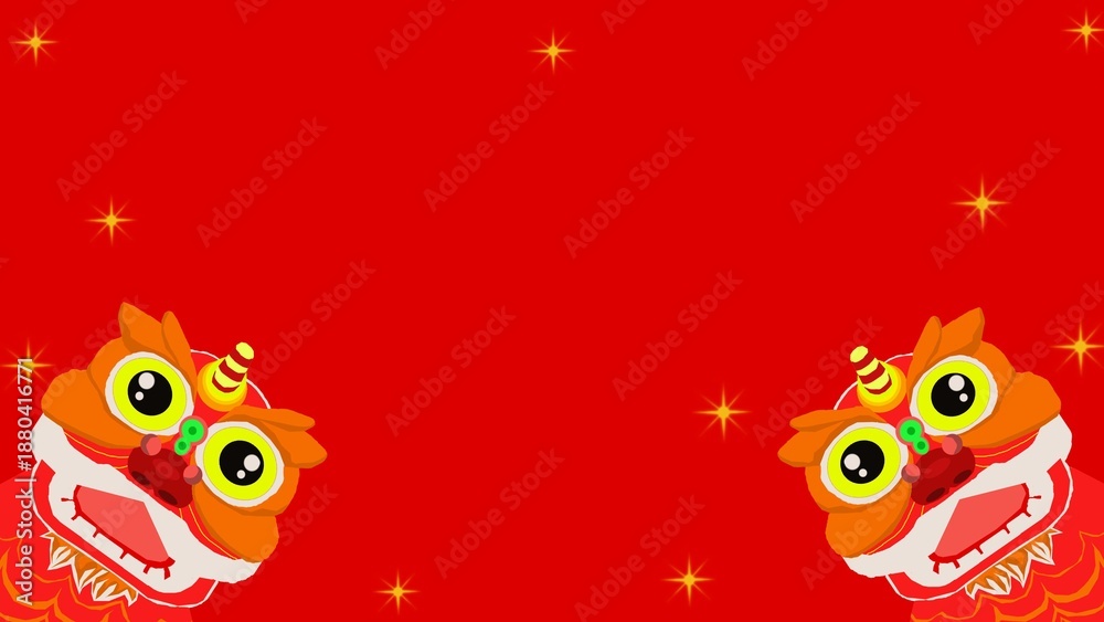 Naklejka premium two chinese lion dance heads with starry red background