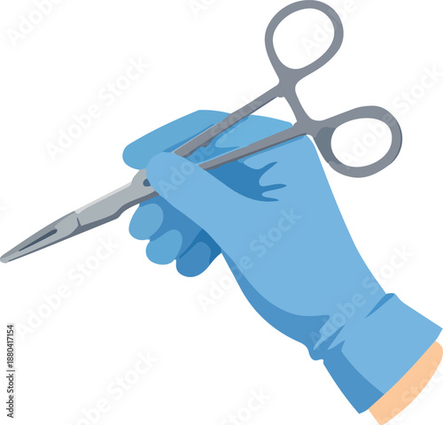 A blue-gloved hand firmly holds surgical forceps against a dark background in a clean medical vector illustration.