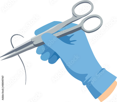 A blue-gloved hand holds surgical forceps with a curved needle and suture thread against a dark background in a flat medical illustration.
