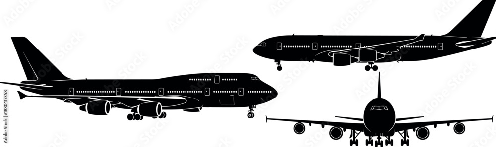 Fototapeta premium Black Silhouette Illustration of Commercial Jet Airplanes and Passenger Airliners Isolated on White Background for Aviation Design and Travel Concepts