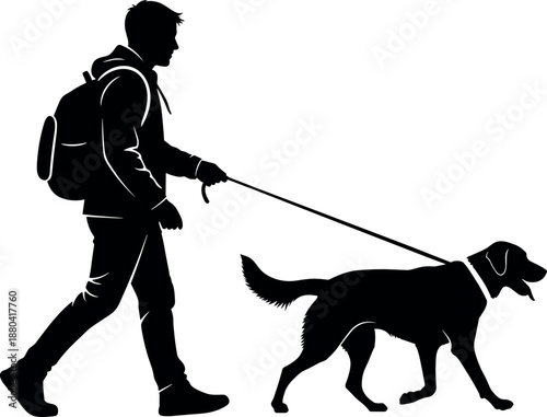 Silhouette of a young man with a backpack walking a dog on a leash, outdoor adventure and pet travel concept