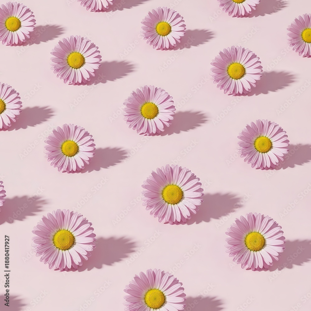 Obraz premium Pink Daisy Flowers Pattern on Pastel Pink Background, Floral Design
