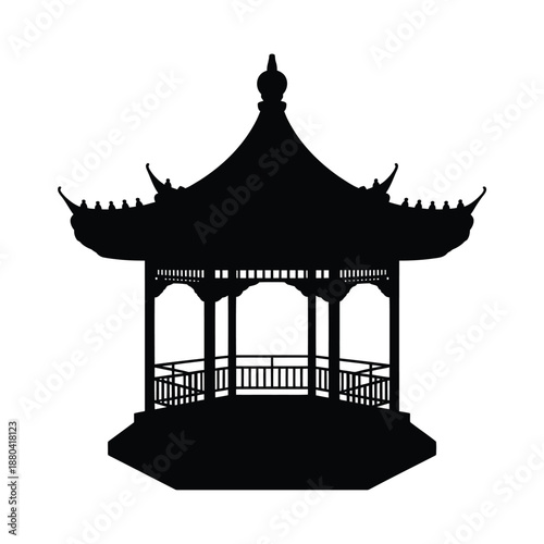 black silhouette of a chinese style gazebo with a pagoda roof