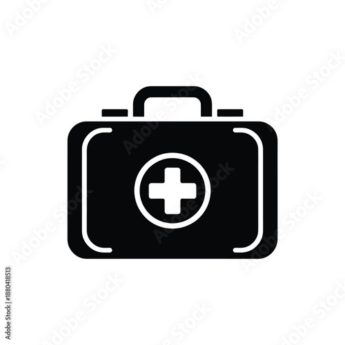 Simple black and white medical kit icon with a central plus sign