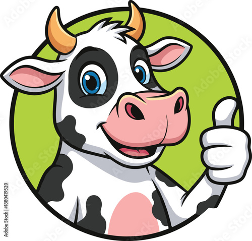 Cartoon cow mascot illustration, smiling dairy animal giving thumbs up inside green badge, friendly farm logo vector character design for branding packaging marketing