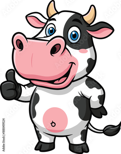 Cartoon cow character vector, cheerful farm animal illustration, cute bovine mascot with thumbs up, children’s content, educational, agriculture, dairy theme