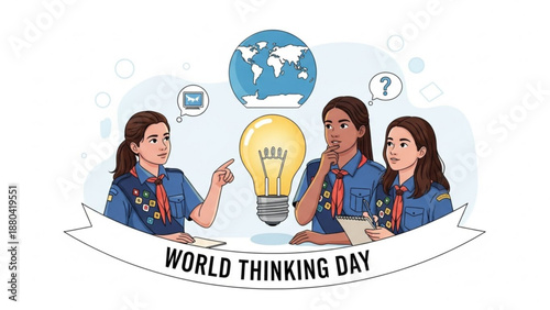 Three young women in scout uniforms celebrating world thinking day with a lightbulb and globe