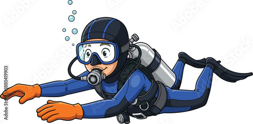 Cartoon scuba diver illustration, happy underwater swimmer with oxygen tank and fins, colorful diving character vector for ocean adventure education