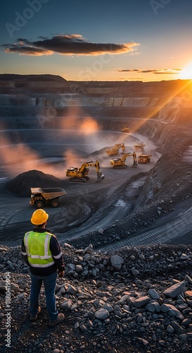 Industrial excavation site operations are observed by a worker during a dramatic sunrise or sunset