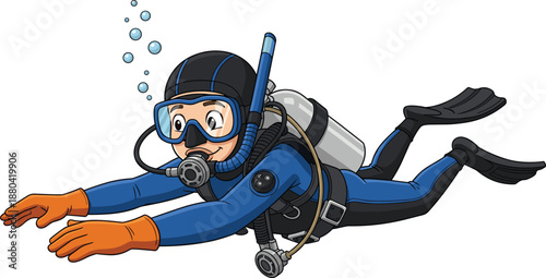 Cartoon scuba diver illustration, happy underwater swimmer with oxygen tank and fins, colorful diving character vector for ocean adventure, sport education