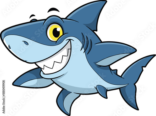 Cartoon shark character vector, friendly blue sea animal with big smile and yellow eyes, ocean theme illustration, children’s content, marine life design