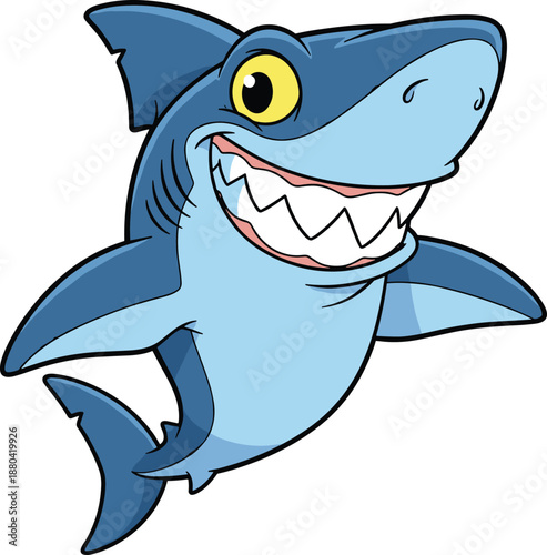Cartoon shark character vector, smiling blue sea animal with sharp teeth and yellow eyes, ocean theme illustration, children’s content, marine life design