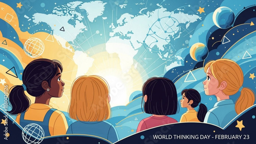 Diverse group of girls looking at a bright future with a global perspective on world thinking day