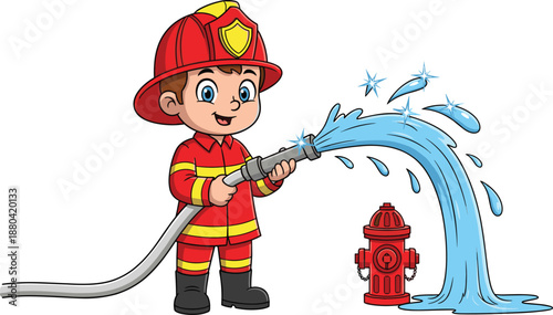 Cute cartoon firefighter boy illustration using water hose, fire safety themed vector artwork for kids education, emergency service character design
