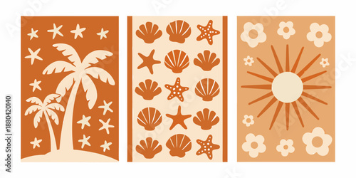 A triptych of retro style panels featuring tropical and summer themed designs