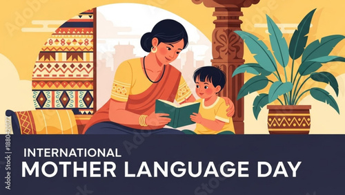 Mother and child reading together on international mother language day with traditional decor