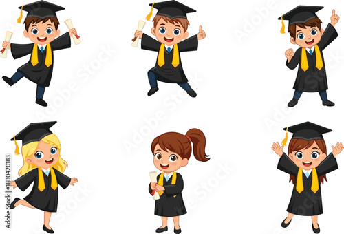 Cute cartoon graduation kids set celebrating success, happy boys and girls wearing caps and gowns, education achievement illustration, flat vector design