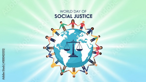 World day of social justice poster with diverse people around the globe and scales of justice
