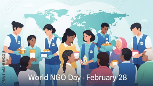 Diverse volunteers serving food on world ngo day february 28 global aid and community support