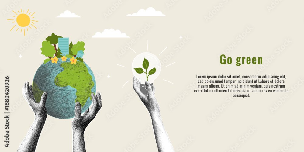 Obraz premium Eco-friendly Earth. Trendy halftone collage. Energy of the future through clean energy. Concept of protecting natural resources, caring for the environment.
