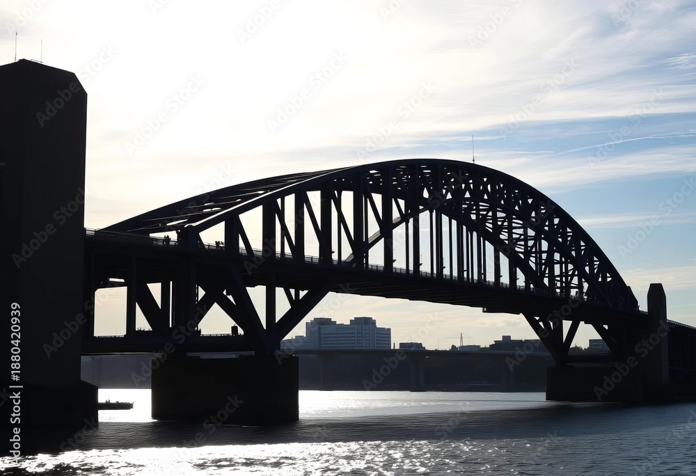 Fototapeta premium Sleek, dark bridge silhouette against bright sky, artwork, element