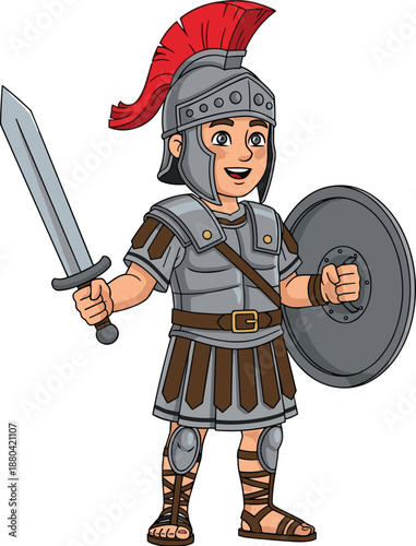 Smiling cartoon Roman soldier warrior holding sword and shield, ancient history character illustration for kids education, fantasy armor vector design