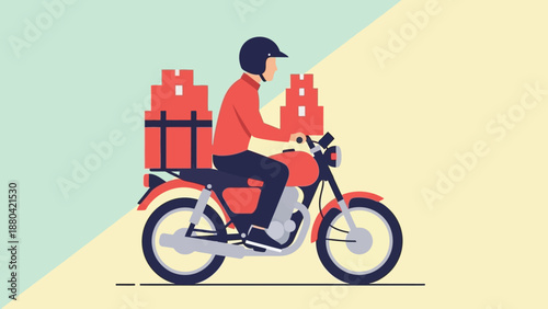 Delivery man riding a motorcycle with packages.