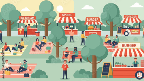 Vibrant outdoor food festival scene with people enjoying meals and snacks.