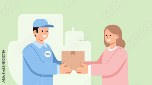 Delivery man handing over a parcel to a smiling woman.