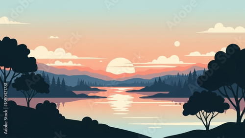 Serene landscape with lake and trees at sunset.