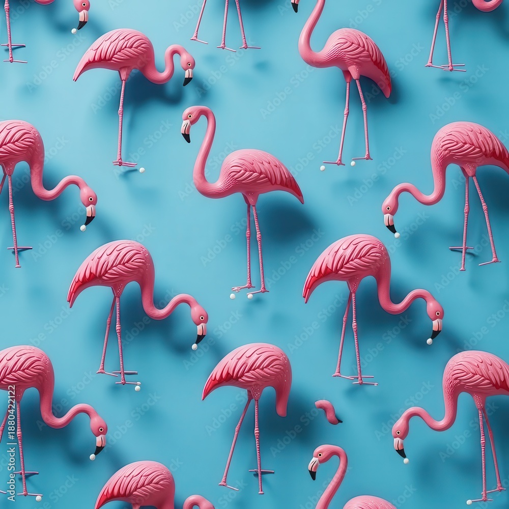 Obraz premium Pink Flamingo Figures on Blue Background Tropical Summer Wallpaper