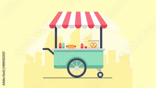 Colorful street food cart with red striped awning and various snacks.