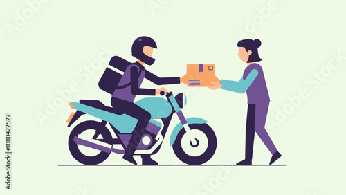 Delivery person handing over a package to a customer on a motorcycle.
