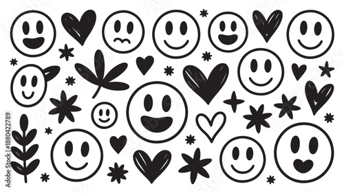 Smiley faces and hearts in simple doodle style with black and white color scheme on plain white background for social media icons