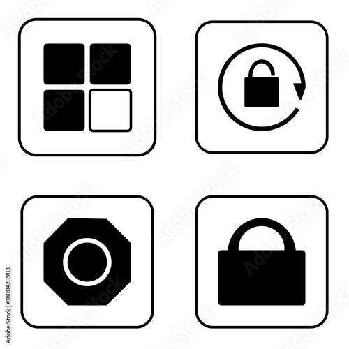 Set of 4 minimalist black and white security and settings user interface icons. The collection features a grid menu icon, a reset password,rotation lock icon, a mechanical nut,settings gear icon,