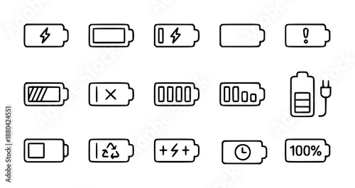 Collection of battery showing charge level and status symbols power energy